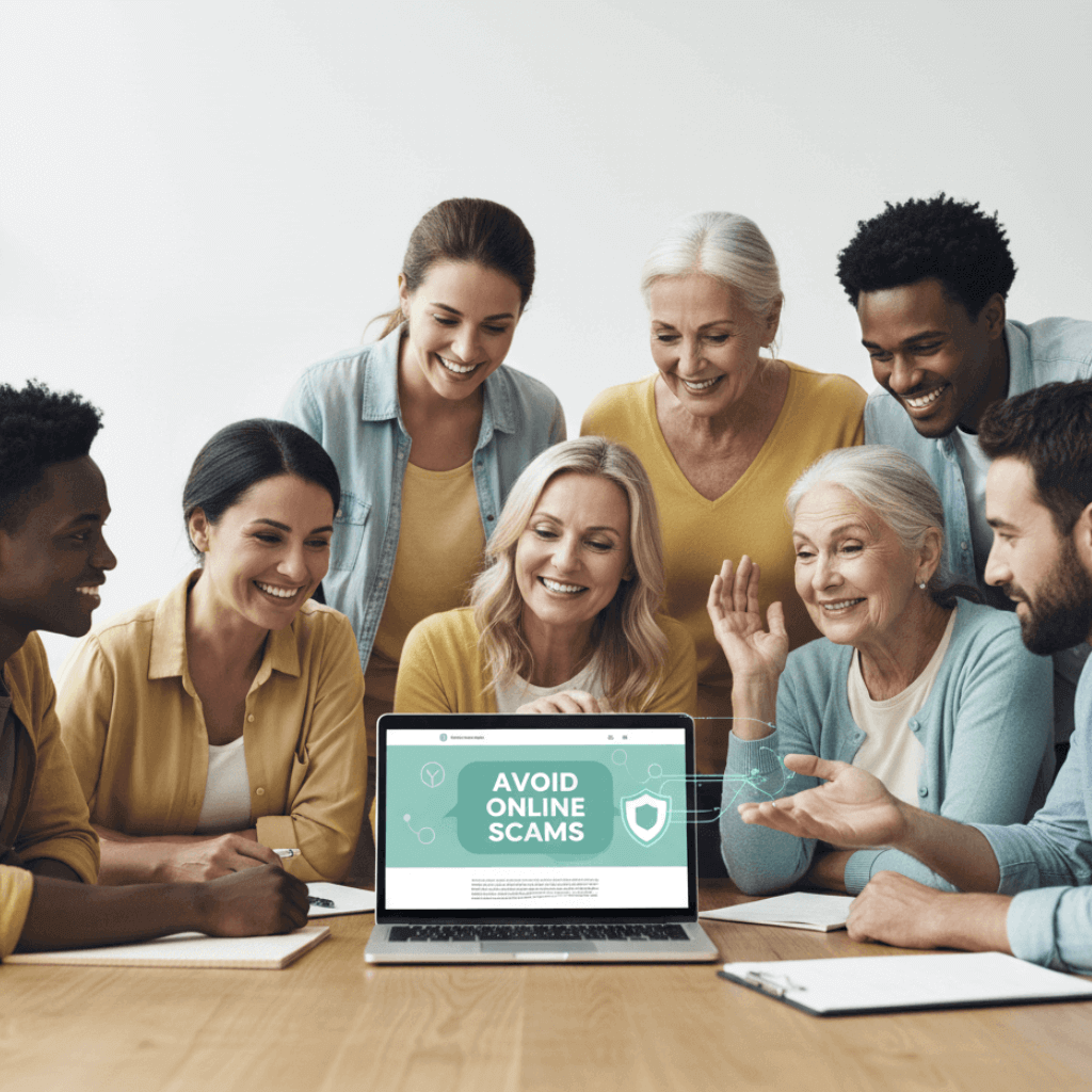 A diverse family sitting together in a bright living room, smiling and safely using a laptop together, and discussing how to avoid online scams.