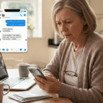 Older woman looking concerned at her smartphone with a scammer’s text message overlay asking for a wire transfer.