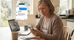 Older woman looking concerned at her smartphone with a scammer’s text message overlay asking for a wire transfer.