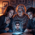 Worried multi-generational family (grandmother, daughter, grandson) in living room staring at smartphone with distorted deepfake video call of scared child, subtle AI glitches and digital artifacts highlighting voice cloning and deepfake scams targeting families in 2026.