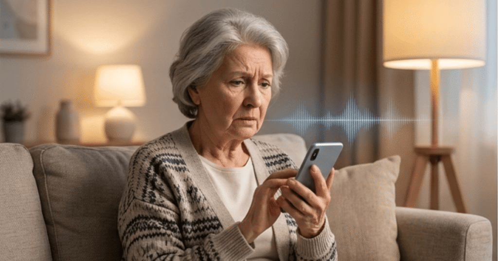 An elderly woman looking concerned and distressed while listening to a smartphone call, visualizing an AI voice cloning scam.