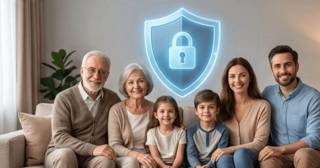 A warm, simplified graphic of a family sitting together with icons representing a shield, a lock, and a speech bubble for a "code word.