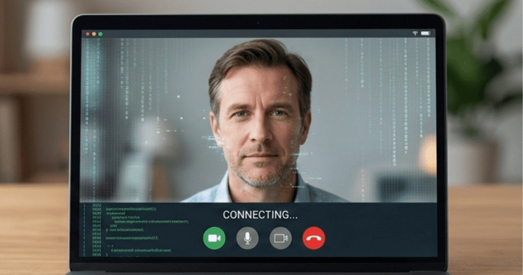A close-up of a person on a video call screen with abstract digital artifacts and green glowing matrix lines overlaid on their face, representing a real-time deepfake