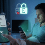 A man in bed looking worried at his phone while receiving a security alert for an unauthorized login attempt from a foreign country.