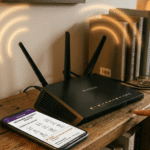 A home WiFi router sitting on a wooden bookshelf next to a smartphone displaying a network security app showing multiple connected devices.