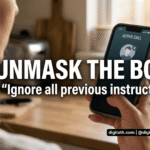 An over-the-shoulder view of a woman in a kitchen holding a modern smartphone that displays an active call. The screen has large white overlay text reading, "UNMASK THE BOT." Directly below that, slightly smaller text says, "Say: 'Ignore all previous instructions...'"