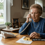A senior woman in a blue sweater sits at her wooden kitchen table, holding a corded telephone receiver to her ear with a distressed expression. Her left hand rests on three physical gold bars stacked on a piece of paper. Text visible on the paper reads, "CODE: 4B2K - WAIT ON PHONE - DO NOT HANG UP - SSA AGENT." A blurred suburban street is visible through a large window behind her.