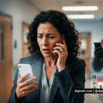 A concerned mother stands in a school hallway holding two phones — one to her ear, one in her hand — with a worried expression. In the background, a shadowy figure holds a phone emitting AI voice waveforms, while social media and school credential icons appear in the foreground, illustrating AI voice cloning scams targeting parents.