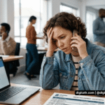 A stressed woman with curly brown hair in a denim jacket sits at a wooden office desk, holding her head in her hand while on a phone call. An open laptop with a blurry login page sits to her left, and a detailed bank statement lies on the desk in front of her. Other people work in the background.