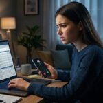 Woman reviewing a suspicious job offer letter and check on her laptop.
